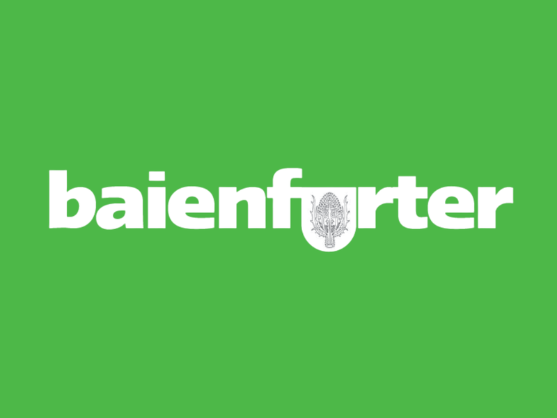 Der grüne Hintergrund zeigt den Schriftzug "baienfurter" in weißer Schrift mit einem Wappen oder Logo unter dem Buchstaben "f".