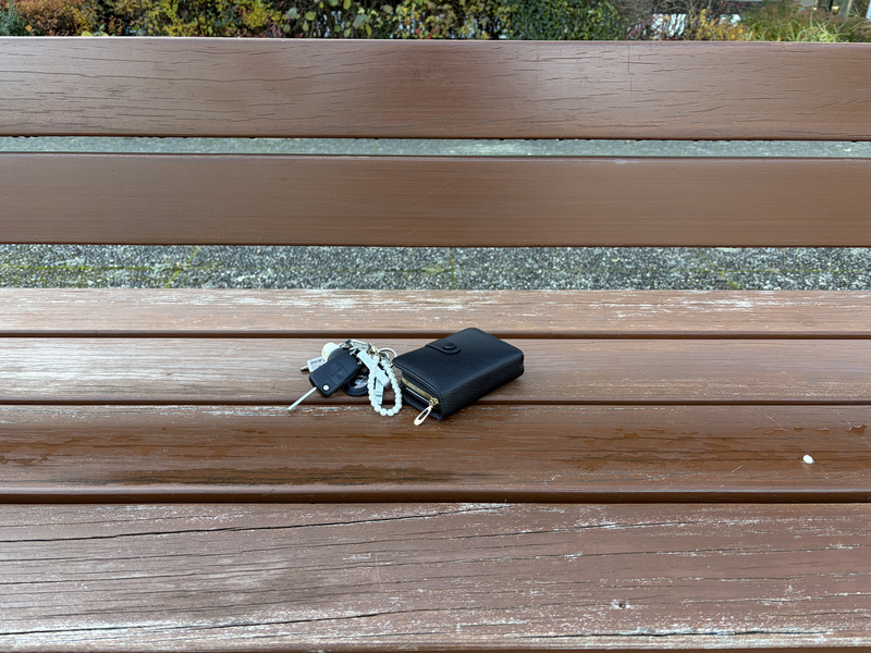 Auf einer braunen Holzbank liegen ein Schlüsselbund und ein schwarzes Etui.