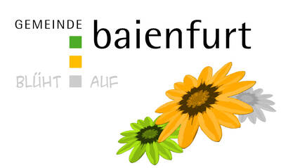 Das Bild zeigt das Logo der Gemeinde Baienfurt mit dem Slogan "Gemeinde Baienfurt blüht auf" und drei stilisierten Blumen in Grün, Gelb und Grau.