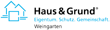 Das Bild zeigt das Logo von "Haus & Grund" mit den Worten "Eigentum. Schutz. Gemeinschaft." und "Weingarten" darunter, sowie einem stilisierten Haus-Symbol.