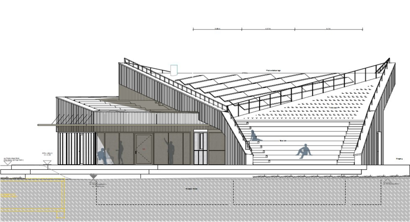 Die Abbildung zeigt einen modernen, architektonisch ansprechenden Gebäudeentwurf mit schrägen und stufenförmigen Dächern sowie großen Glasflächen.