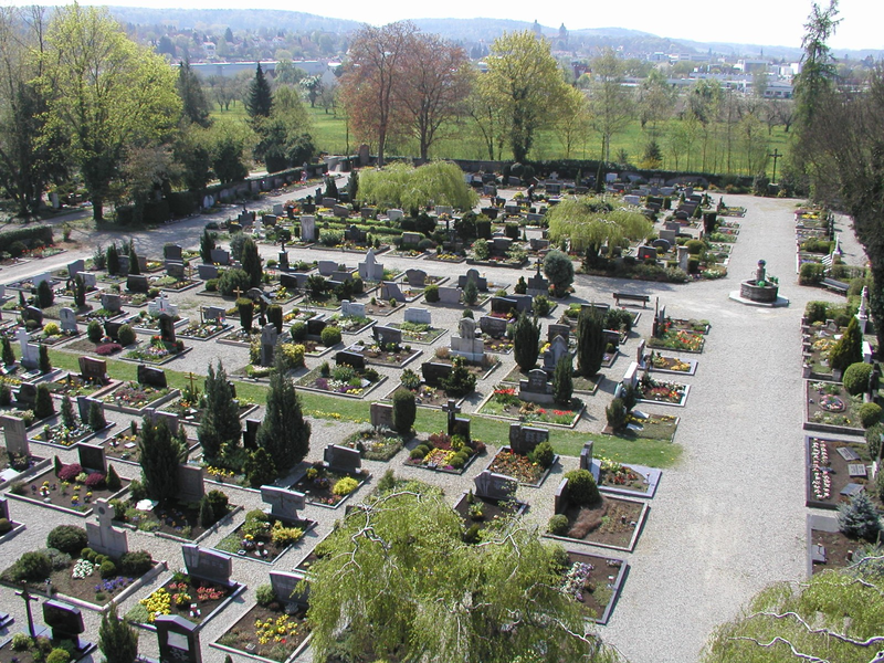 Ein Friedhof mit zahlreichen Grabsteinen und gepflegten Blumengärten erstreckt sich entlang eines Kieswegs, umgeben von Bäumen und mit einer weiten Landschaft im Hintergrund.