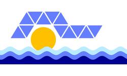 Eine stilisierte Grafik zeigt eine gelbe Sonne hinter blauen Dreiecken und darunter wellenartige Linien, die das Meer darstellen.